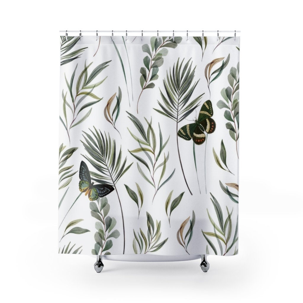 Nature Minimalist Boho Butterflies Shower Curtain, White Sage Green Design With Plant Leaves And Floral Elements