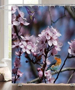 Nature Painting Printed Fabric Shower Curtain for Hummingbird and Flowers Bathroom