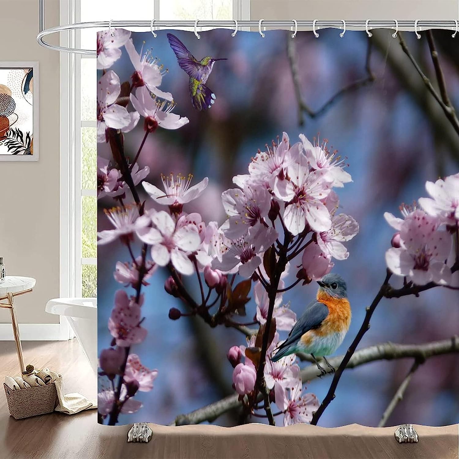 Nature Painting Printed Fabric Shower Curtain for Hummingbird and Flowers Bathroom