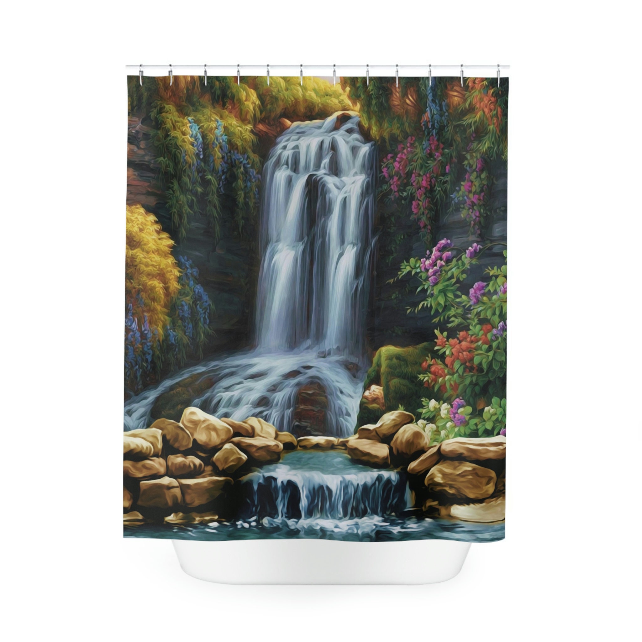 Nature Peaceful Waterfall Shower Curtain - Scenic Print for Bathroom