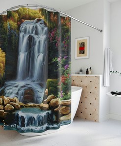 Nature Peaceful Waterfall Shower Curtain - Scenic Print for Bathroom