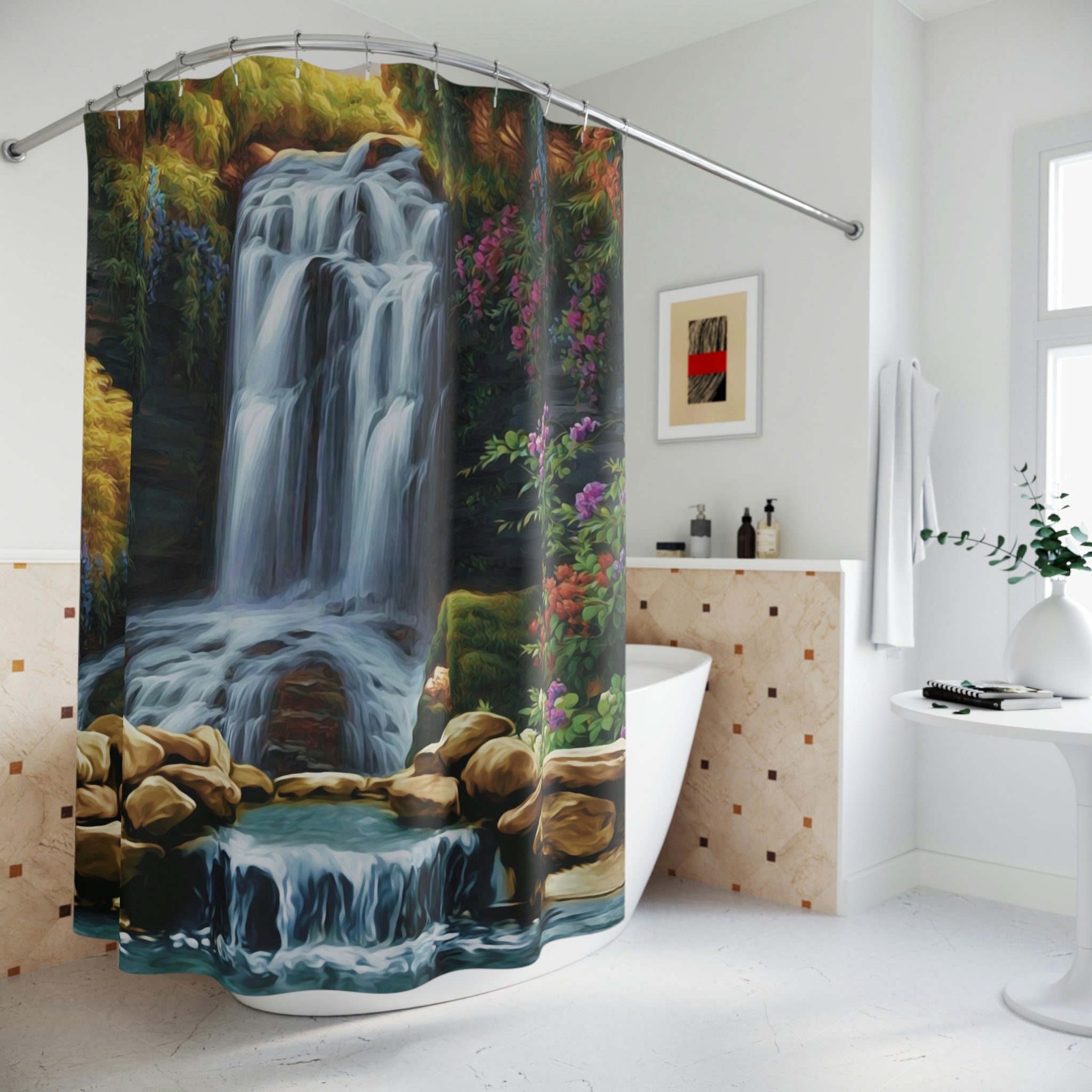 Nature Peaceful Waterfall Shower Curtain - Scenic Print for Bathroom