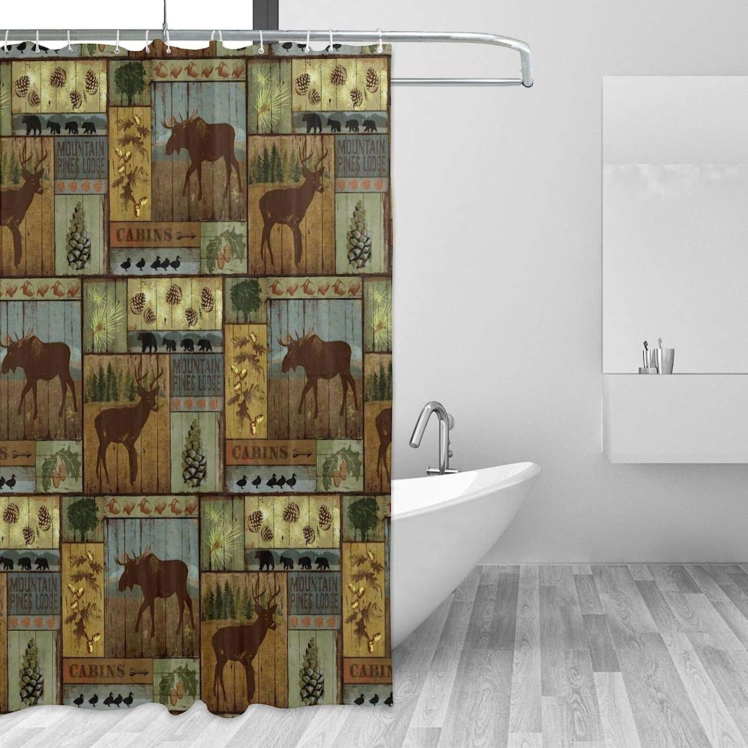 Nature Rustic Mountain Pines Lodge Bear Shower Curtain for Bathroom Decor