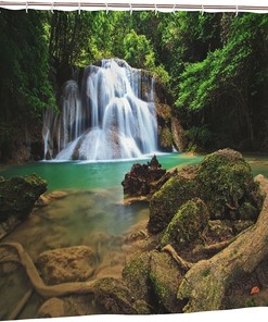 Nature Scenery Shower Curtain with Waterfall and Forest Trees, 72x72 - Unique Bathroom Decor