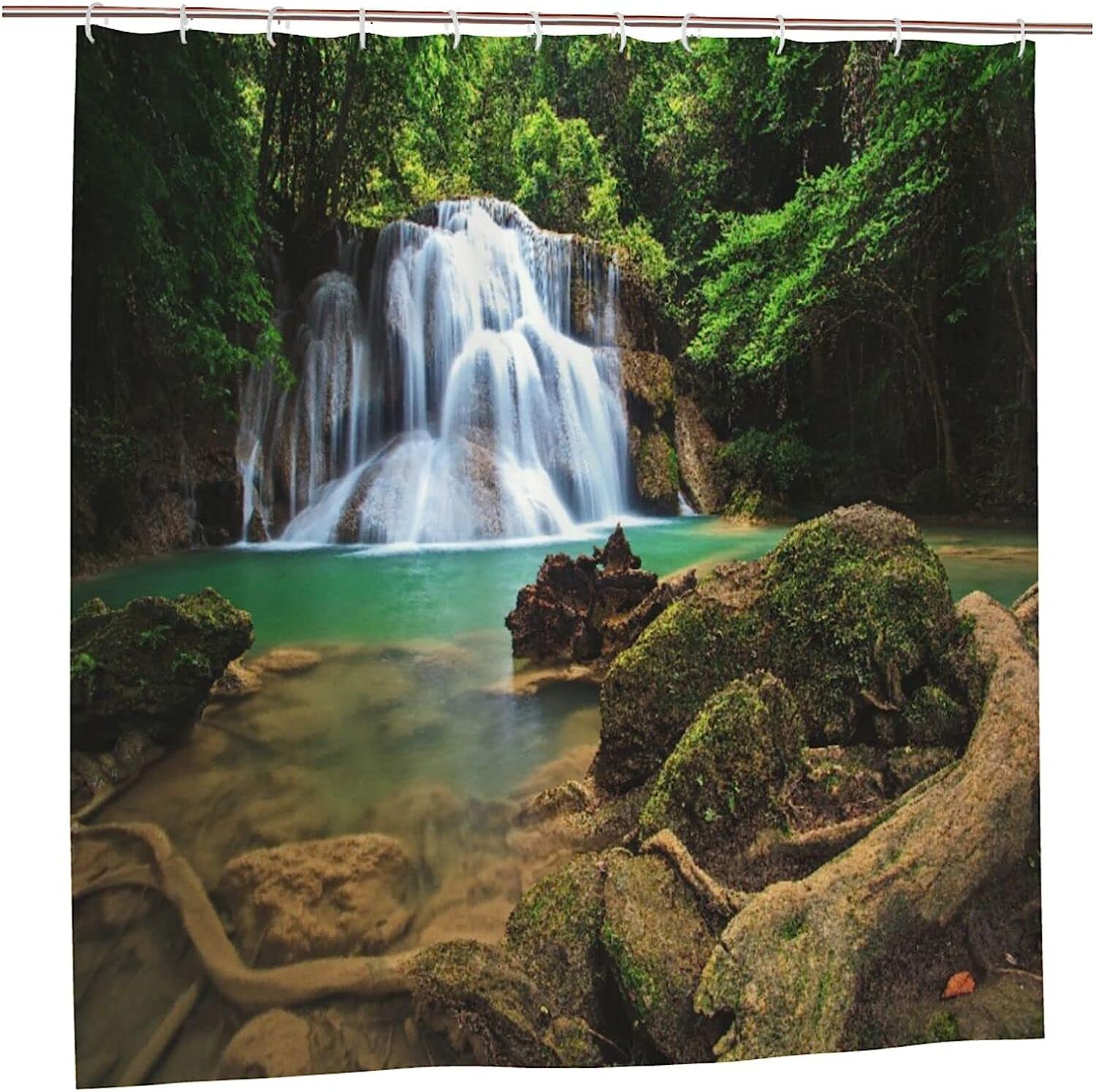 Nature Scenery Shower Curtain with Waterfall and Forest Trees, 72x72 - Unique Bathroom Decor