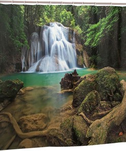 Nature Scenery Shower Curtain with Waterfall and Forest Trees, 72x72 - Unique Bathroom Decor
