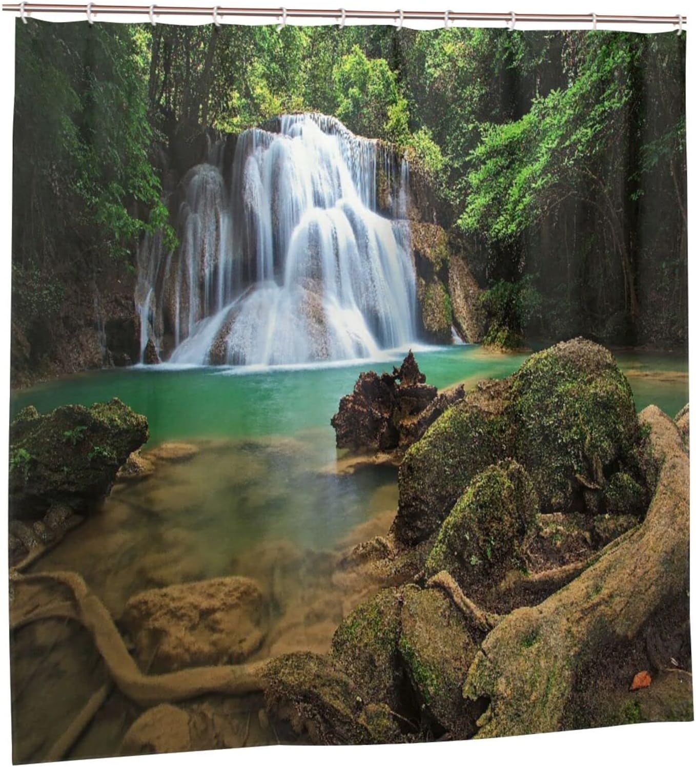 Nature Scenery Shower Curtain with Waterfall and Forest Trees, 72x72 - Unique Bathroom Decor