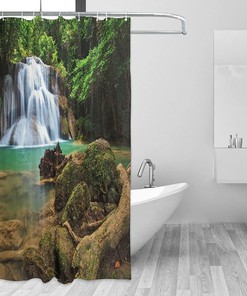 Nature Scenery Shower Curtain with Waterfall and Forest Trees, 72x72 - Unique Bathroom Decor