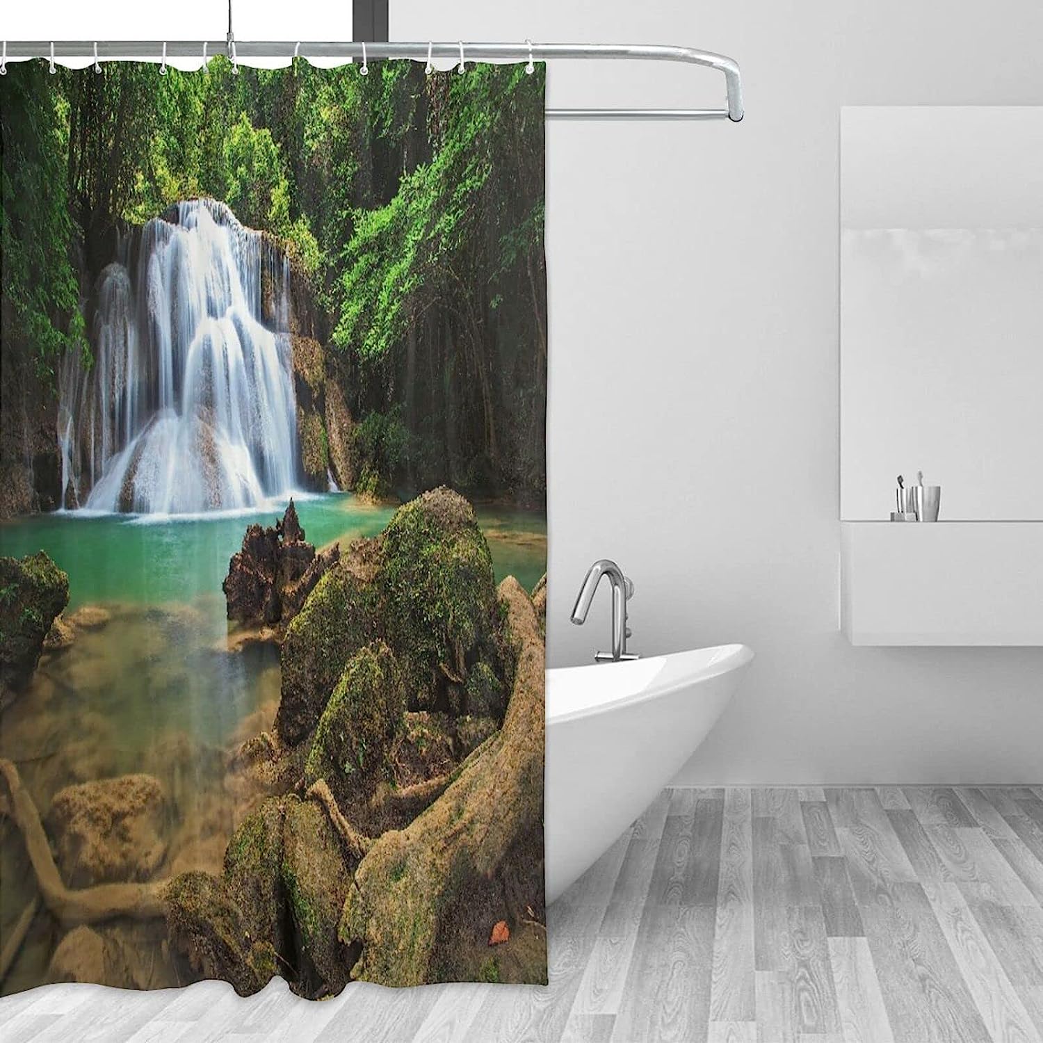 Nature Scenery Shower Curtain with Waterfall and Forest Trees, 72x72 - Unique Bathroom Decor