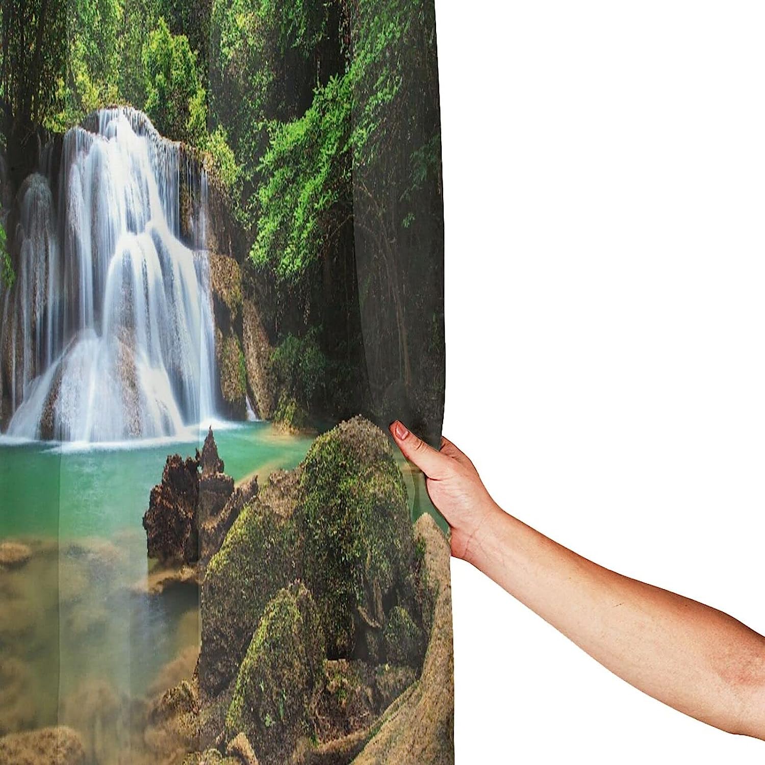 Nature Scenery Shower Curtain with Waterfall and Forest Trees, 72x72 - Unique Bathroom Decor