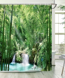 Nature Shower Curtain Tropical Forest Green Bamboo Waterfall Scenic Jungle Rainforest Plant Lake Bathroom