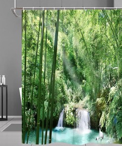 Nature Shower Curtain Tropical Forest Green Bamboo Waterfall Scenic Jungle Rainforest Plant Lake Bathroom