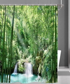 Nature Shower Curtain Tropical Forest Green Bamboo Waterfall Scenic Jungle Rainforest Plant Lake Bathroom