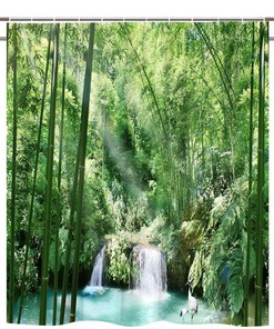 Nature Shower Curtain Tropical Forest Green Bamboo Waterfall Scenic Jungle Rainforest Plant Lake Bathroom