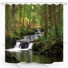 Nature Themed Shower Curtain with Flowing Stream, Waterfall and Green Trees, Forest Landscape, Jungle and Mossy Rocks