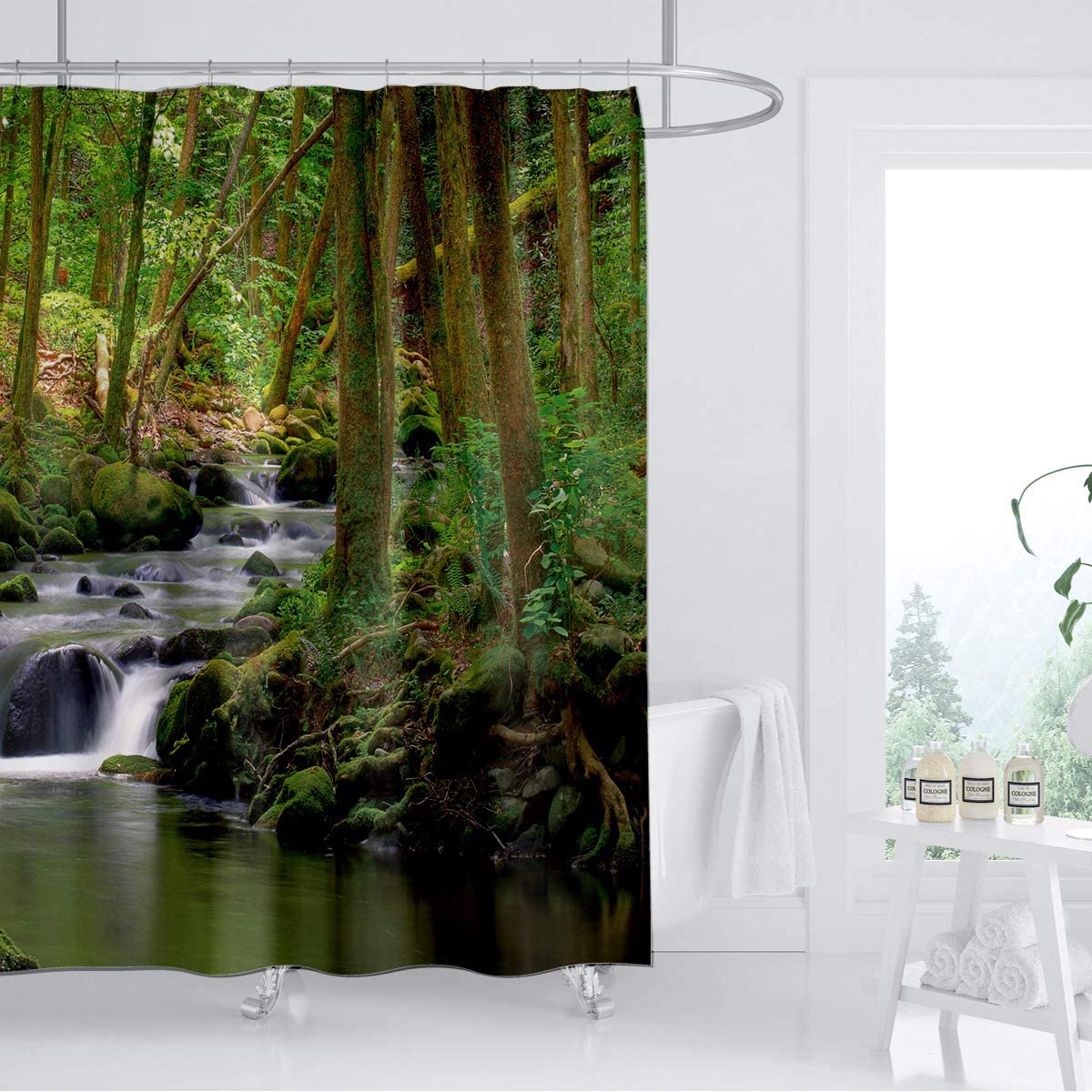Nature Themed Shower Curtain with Flowing Stream, Waterfall and Green Trees, Forest Landscape, Jungle and Mossy Rocks