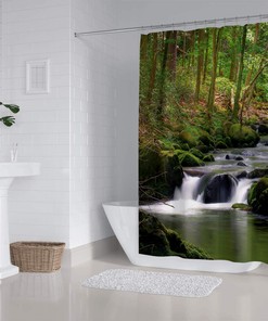 Nature Themed Shower Curtain with Flowing Stream, Waterfall and Green Trees, Forest Landscape, Jungle and Mossy Rocks
