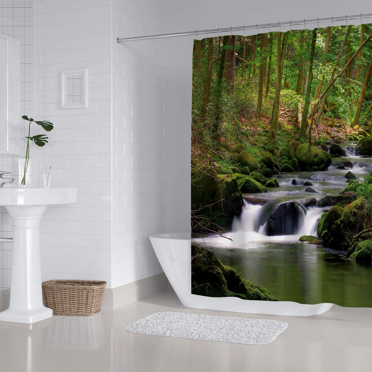 Nature Themed Shower Curtain with Flowing Stream, Waterfall and Green Trees, Forest Landscape, Jungle and Mossy Rocks