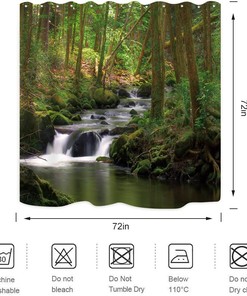 Nature Themed Shower Curtain with Flowing Stream, Waterfall and Green Trees, Forest Landscape, Jungle and Mossy Rocks