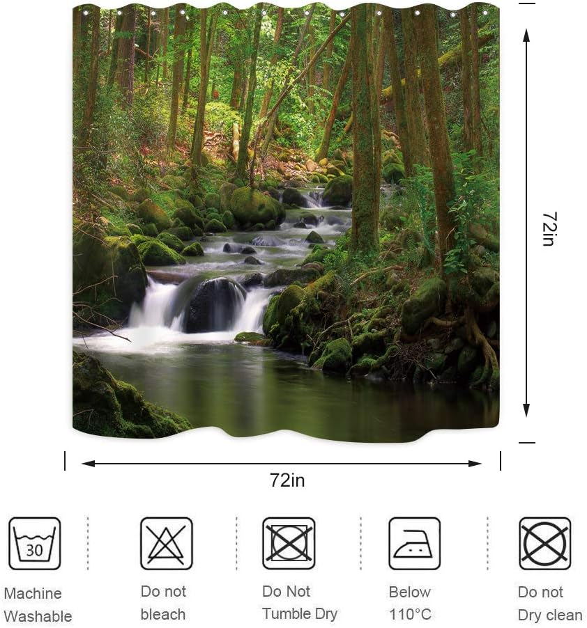 Nature Themed Shower Curtain with Flowing Stream, Waterfall and Green Trees, Forest Landscape, Jungle and Mossy Rocks