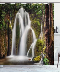 Nature Waterfall Forest Print Cascading Shower Curtain - Ideal For Fans Of The Great Outdoors