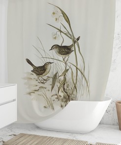 Nature-Inspired Beige And Sage Green Botanical Birds Shower Curtain For Modern Farmhouse Bathrooms - Home Design Gift