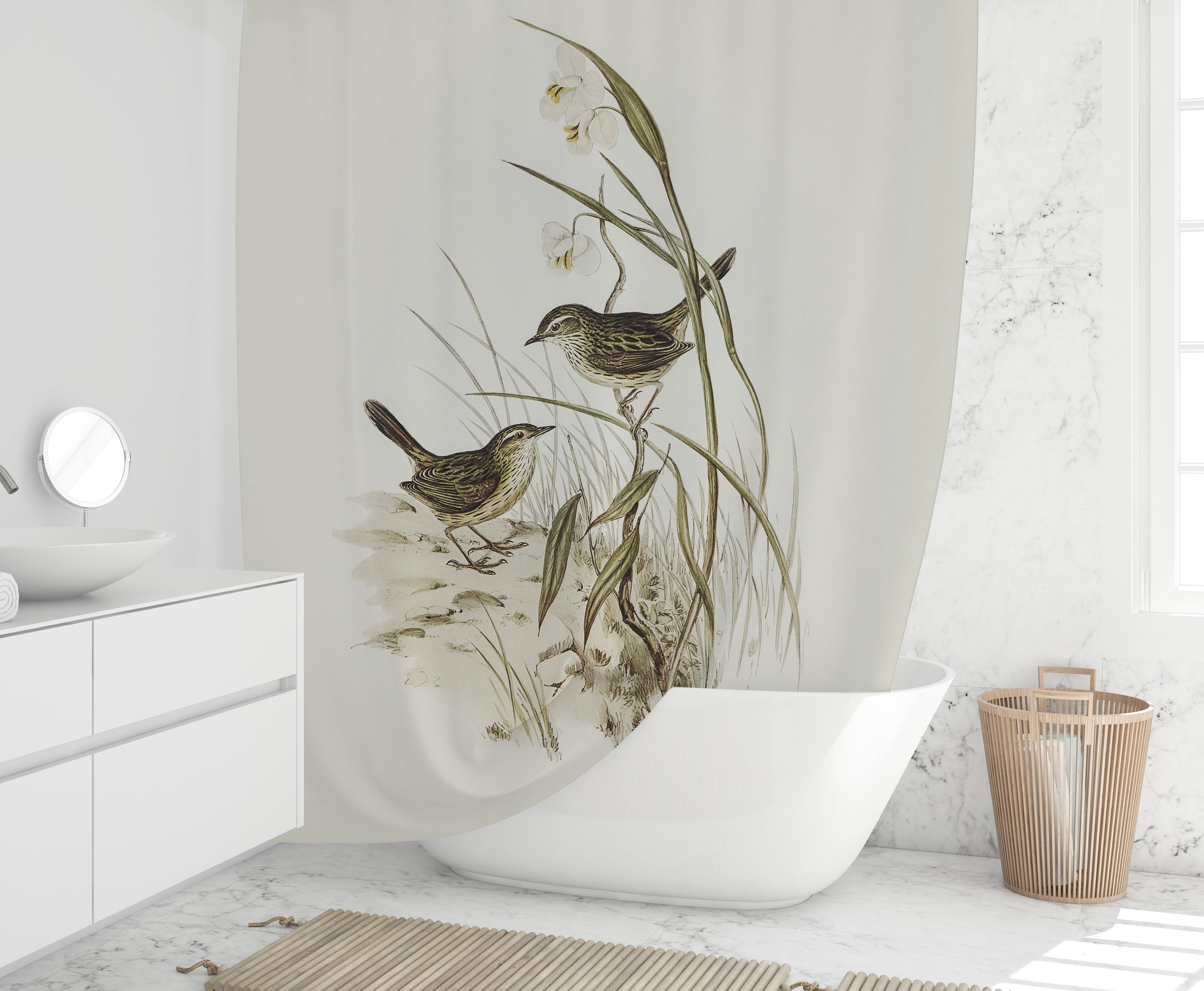 Nature-Inspired Beige And Sage Green Botanical Birds Shower Curtain For Modern Farmhouse Bathrooms - Home Design Gift