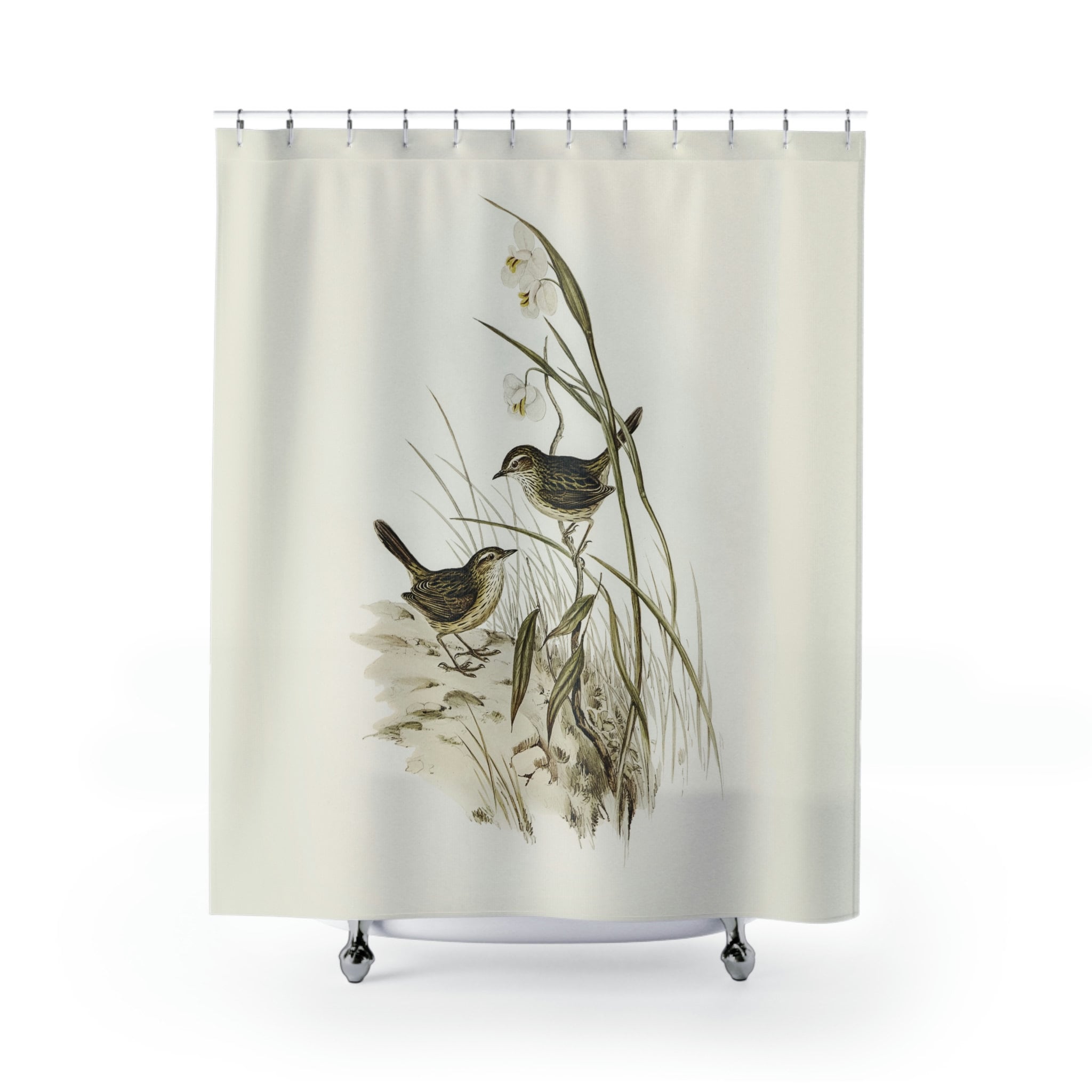 Nature-Inspired Beige And Sage Green Botanical Birds Shower Curtain For Modern Farmhouse Bathrooms - Home Design Gift - Image 2
