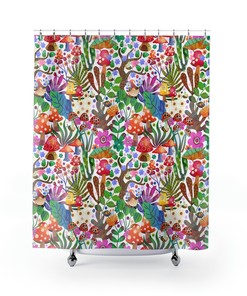 Nature-Inspired Boho Shower Curtain With Mushroom, Leaf, Tree, And Botanical Prints