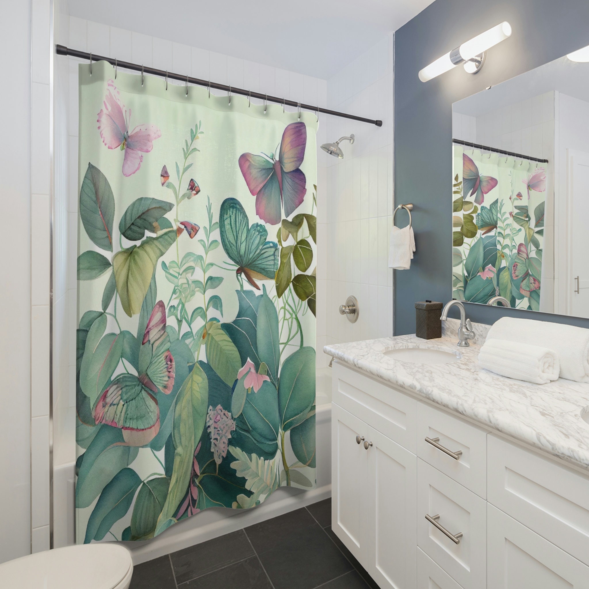 Nature-Inspired Botanical Butterfly Garden Shower Curtain For Elegant Bathroom Decor