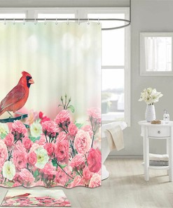 Nature-Inspired Cardinal Bird And Rose Flower Fabric Shower Curtain