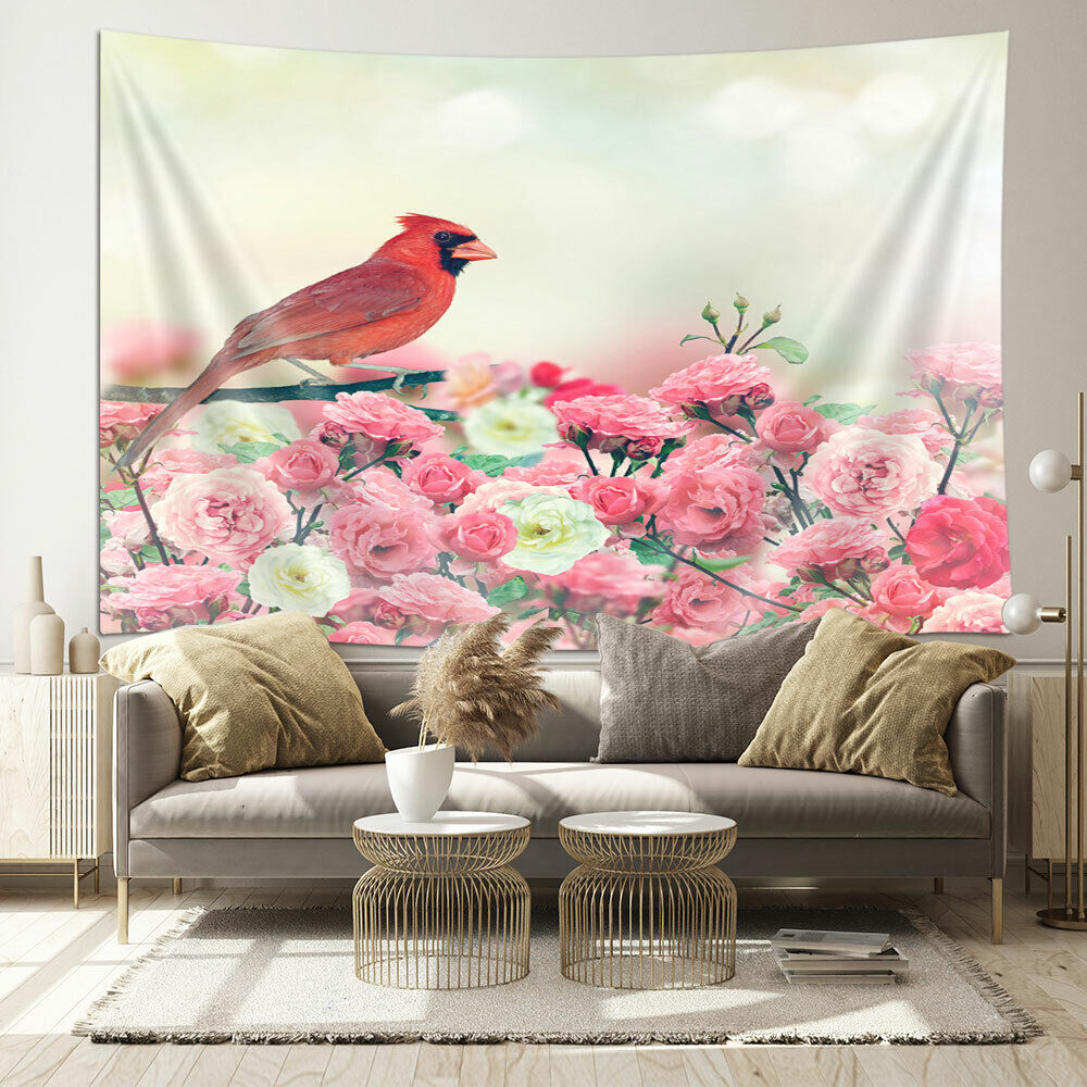 Nature-Inspired Cardinal Bird And Rose Flower Fabric Shower Curtain - Image 2