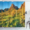 Nature-Inspired Green Blue Shower Curtain With Picacho Peak And Sun Print For Bathroom 