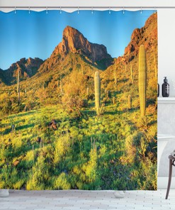 Nature-Inspired Green Blue Shower Curtain With Picacho Peak And Sun Print For Bathroom 