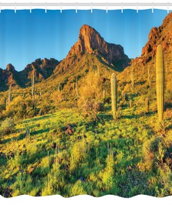 Nature-Inspired Green Blue Shower Curtain With Picacho Peak And Sun Print For Bathroom