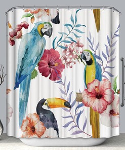 Nature-Inspired Parrots and Tropical Flowers Fabric Shower Curtain for Bird Lovers