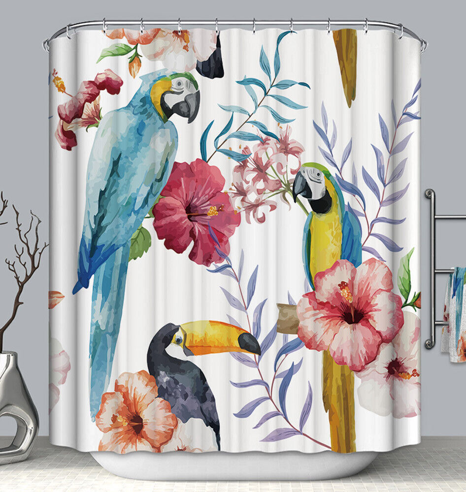 Nature-Inspired Parrots and Tropical Flowers Fabric Shower Curtain for Bird Lovers