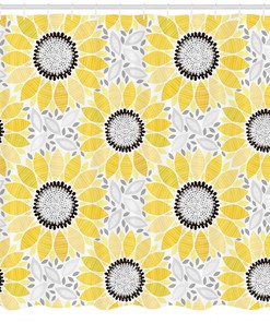 Nature-Inspired Romantic Sun Flower Art Print on Yellow Shower Curtain for Bathroom Decor