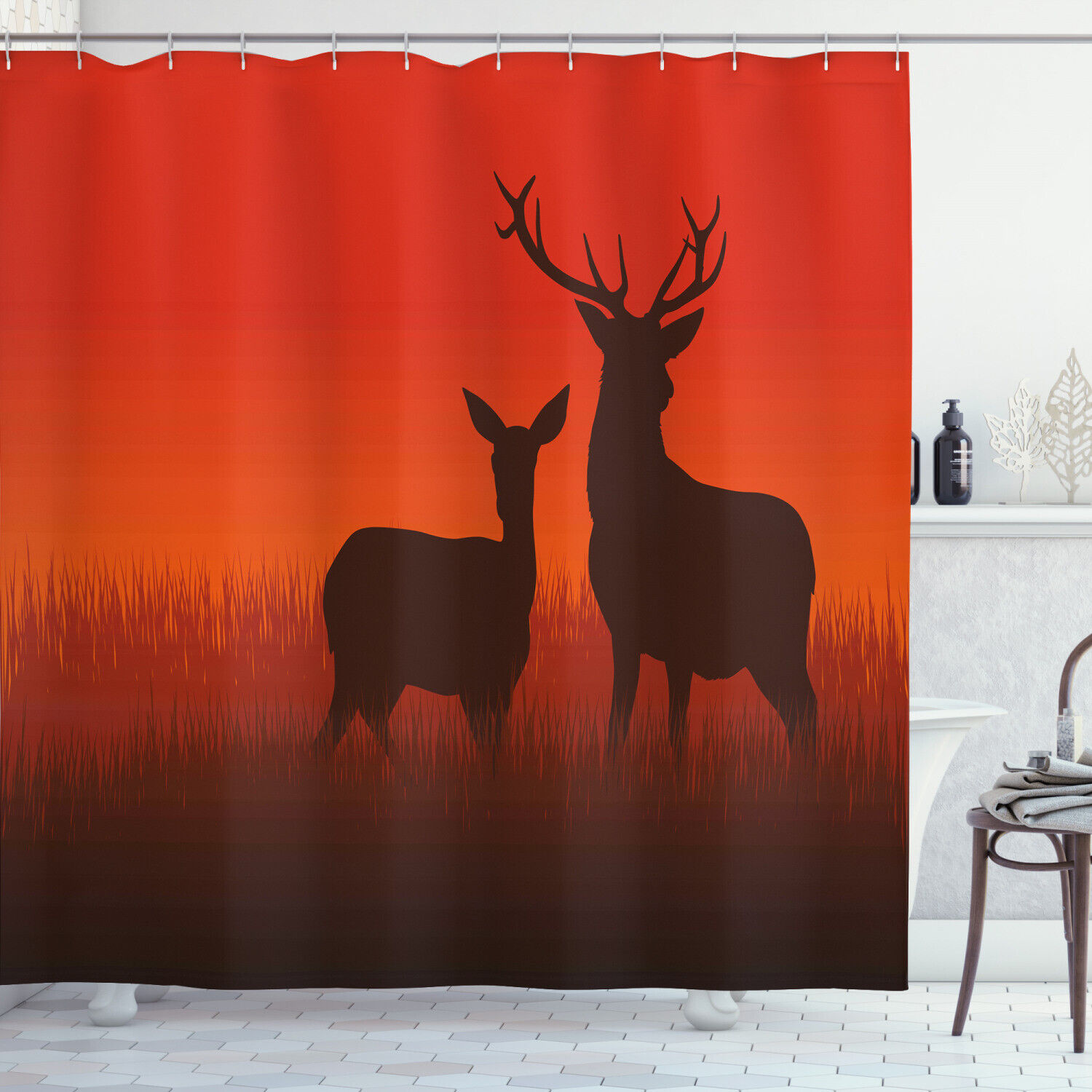 Nature-Inspired Shower Curtain - Hunting Deer And Doe Autumn Print For Bathroom