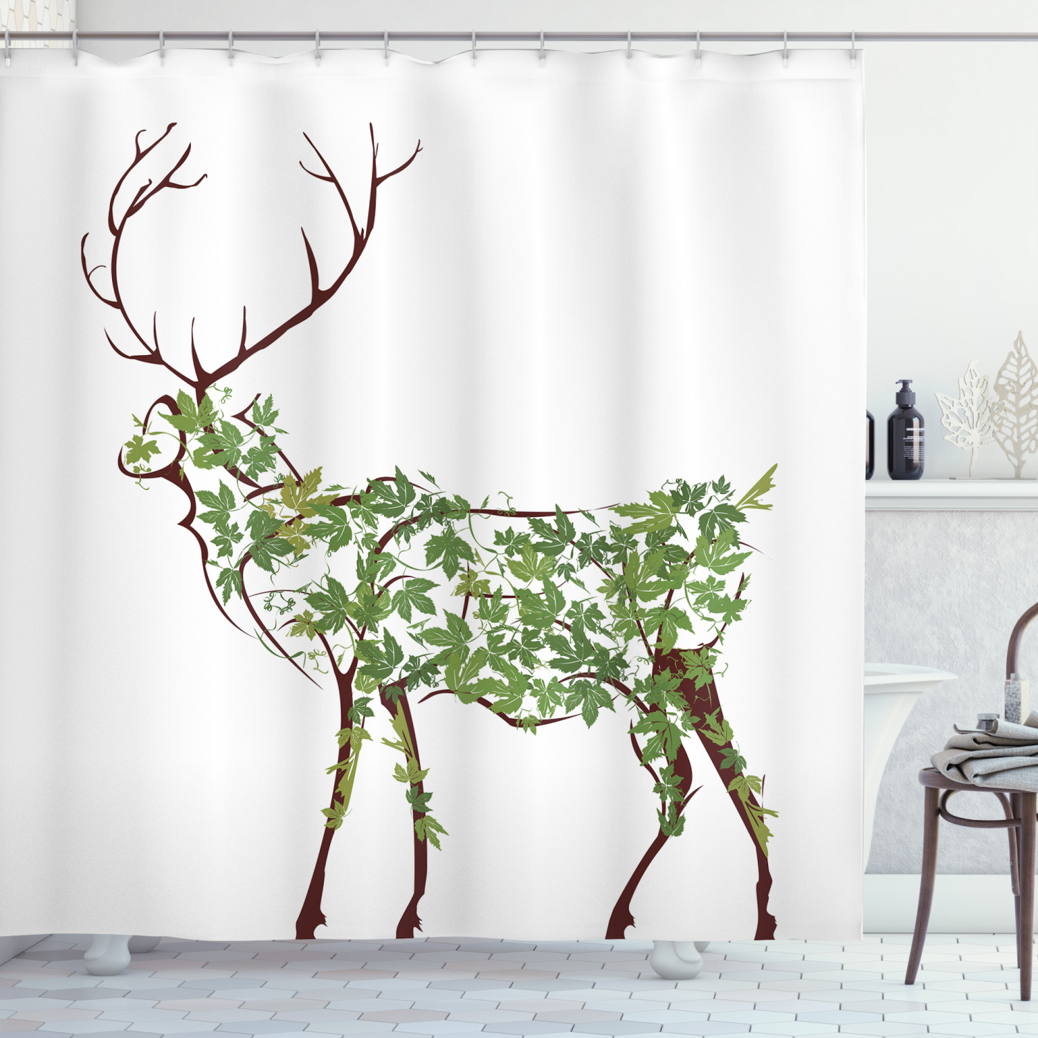 Nature-Inspired Shower Curtain With Deer Illustration For A Chic And Rustic Bath Space
