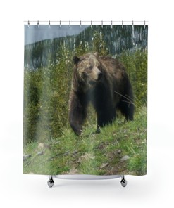 Nature-Inspired Yellowstone Bear Shower Curtain for Rustic Bathroom Decor 
