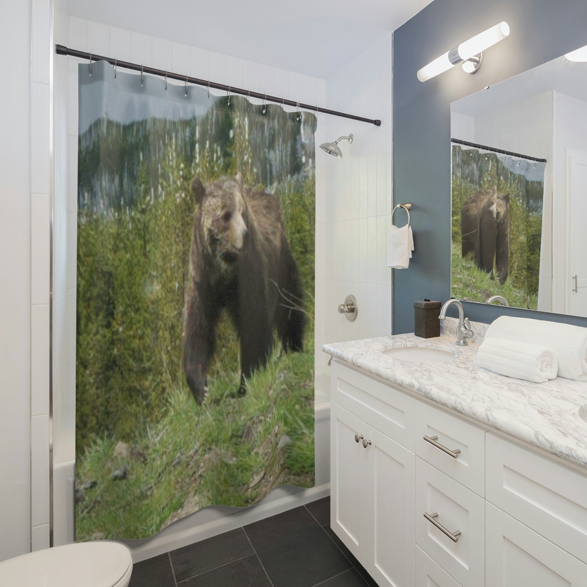 Nature-Inspired Yellowstone Bear Shower Curtain for Rustic Bathroom Decor
