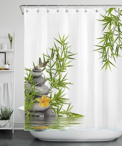 Nature-Themed Green Bamboo Butterfly Flower Shower Curtain For Bathroom Decor