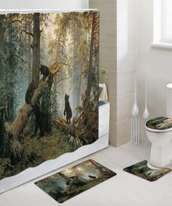 Naughty Forest Bear Baby Shower Curtain, Cute Woodland Theme for Kids Bathroom 
