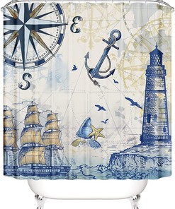 Nautical 3D Sailboat Lighthouse Anchor Shower Curtain - Decorative Fabric Bathtub Curtain In Blue And Waterproof