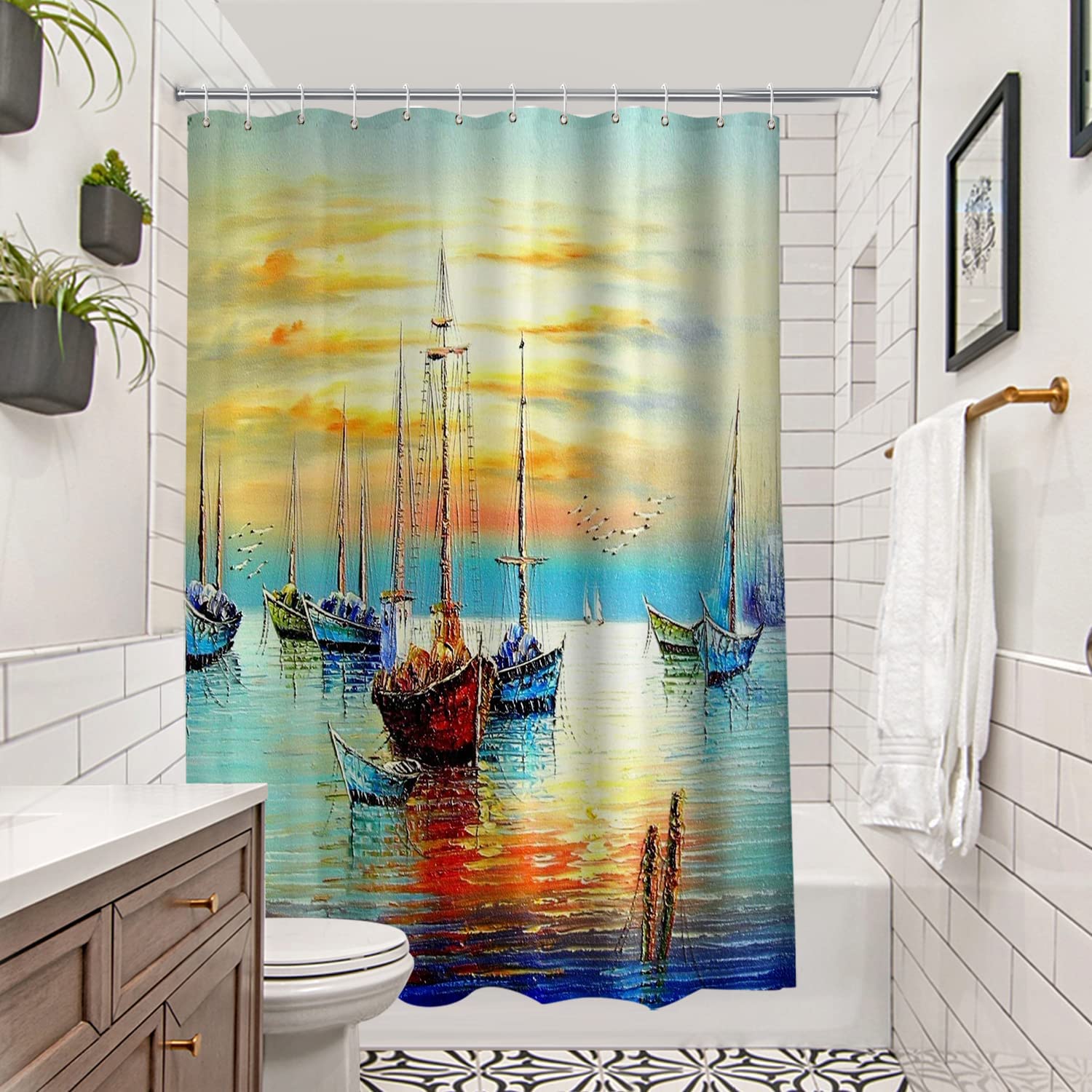 Nautical Abstract Oil Painting Pirate Ships Sailboat Shower Curtain - Image 2
