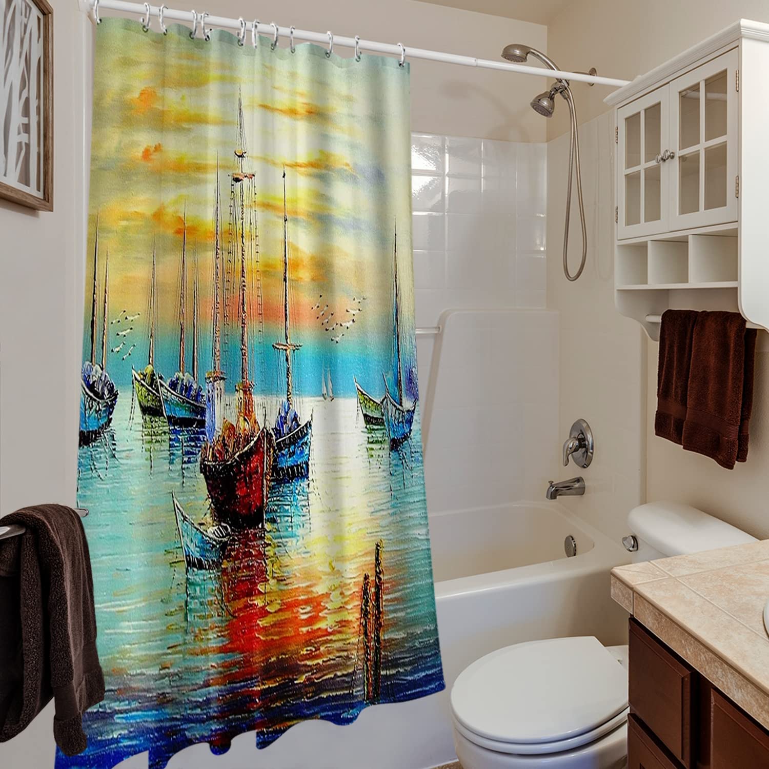 Nautical Abstract Oil Painting Pirate Ships Sailboat Shower Curtain - Image 3