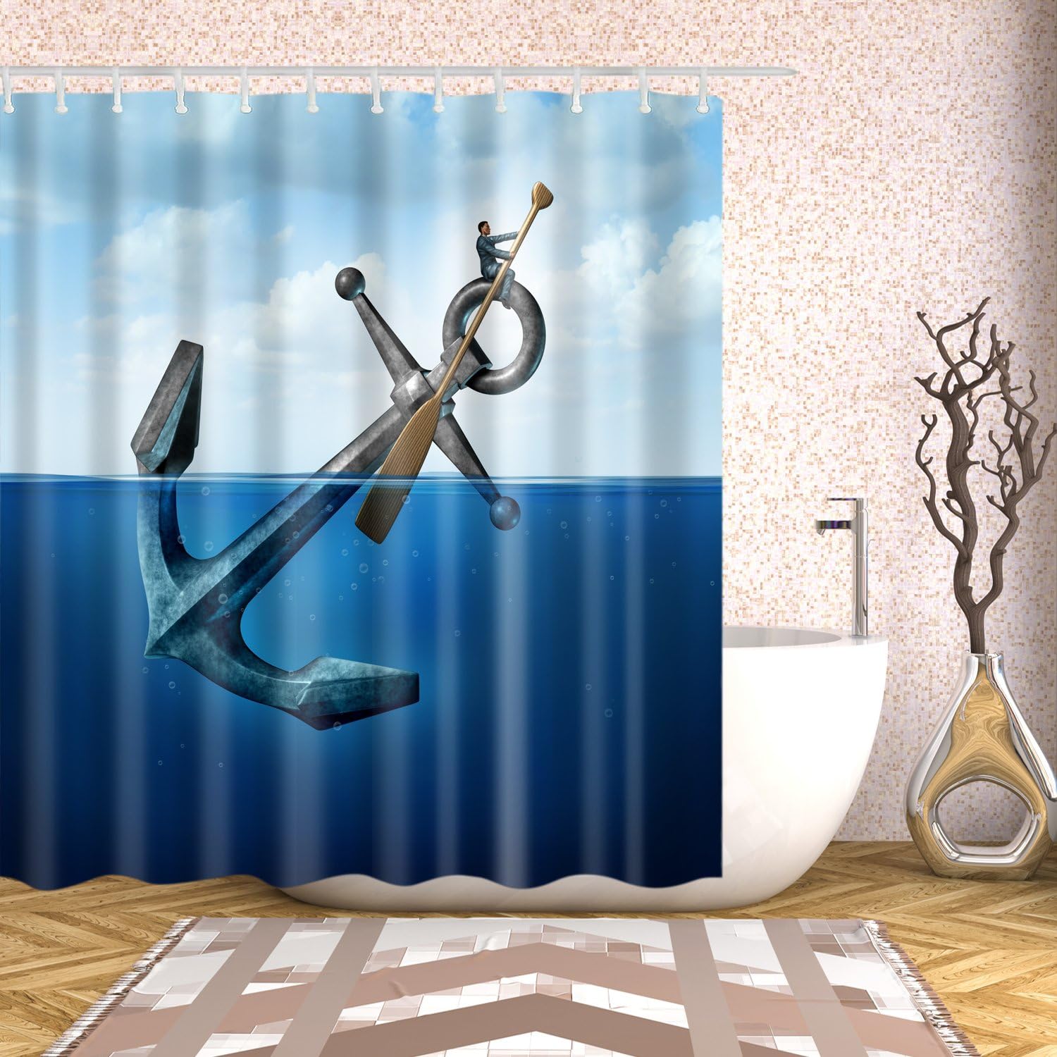 Nautical Anchor And Paddle Shower Curtain - Sea Themed Bathroom Decor