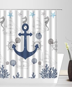 Nautical Anchor Beach Shower Curtain, Ocean Theme Bath Decor with Seashells and Marine Life 