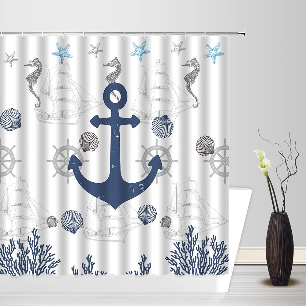 Nautical Anchor Beach Shower Curtain, Ocean Theme Bath Decor with Seashells and Marine Life